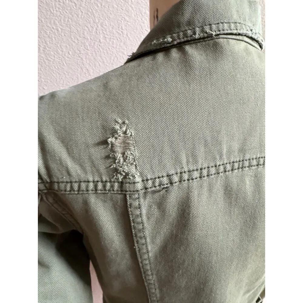 Free People Women's Green Distressed Jean Jacket sz‎ 6 EUC Soft Cotton